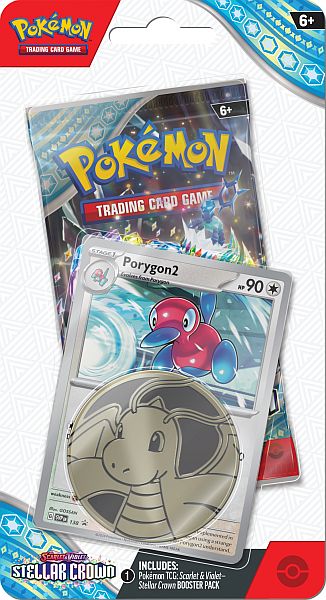 Pokemon Blister Pack - 1-Pack Checklane Blister: 1 Scarlet & Violet: Stellar Crown Booster Pakke + Porygon2 Black Star Promo & Pokemon Mønt