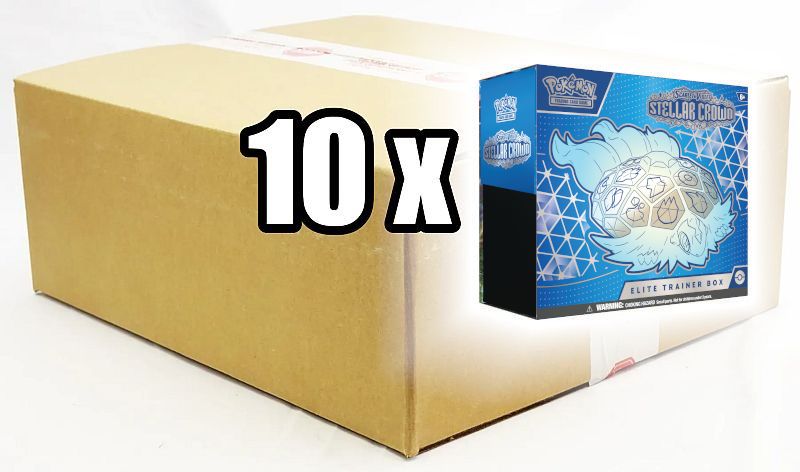 Pokemon Scarlet & Violet: Stellar Crown - Elite Trainer Box Case - 10 x Elite Trainer Boxes (Terapagos/Noctowl) - Bokse med 9 Boosters, Promokort & Tilbehør