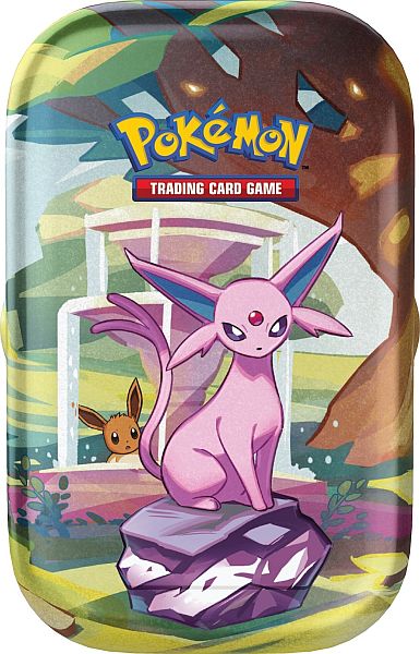 Pokemon Tin Kasse - 2025 Winter Scarlet & Violet: Prismatic Evolutions Mini Tin: Espeon (2 Boosters & Mønt)