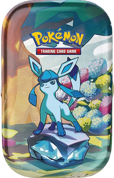 Pokemon Tin Kasse - 2025 Winter Scarlet & Violet: Prismatic Evolutions Mini Tin: Glaceon (2 Boosters & Mønt)