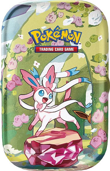 Pokemon Tin Kasse - 2025 Winter Scarlet & Violet: Prismatic Evolutions Mini Tin: Sylveon (2 Boosters & Mønt)