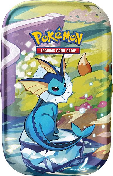 Pokemon Tin Kasse - 2025 Winter Scarlet & Violet: Prismatic Evolutions Mini Tin: Vaporeon (2 Boosters & Mønt)