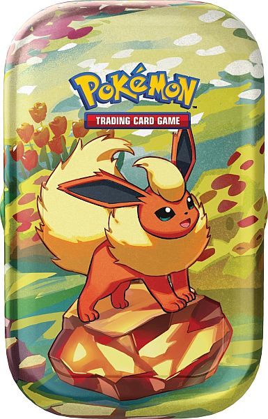 Pokemon Tin Kasse - 2025 Winter Scarlet & Violet: Prismatic Evolutions Mini Tin: Flareon (2 Boosters & Mønt)