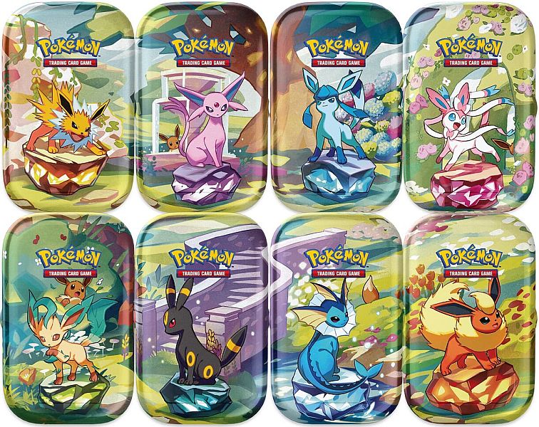 Pokemon Tin Kasse - 2025 Winter Scarlet & Violet: Prismatic Evolutions  Mini Tins Display - 8 Mini Tins! (16 Boosters)