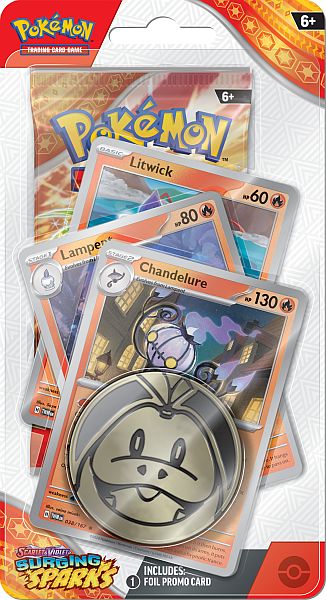 Pokemon Blister Pack - 1-Pack Premium Checklane Blister: 1 Scarlet & Violet: Surging Sparks Booster Pakke + Chandelure Line Promos & Mønt