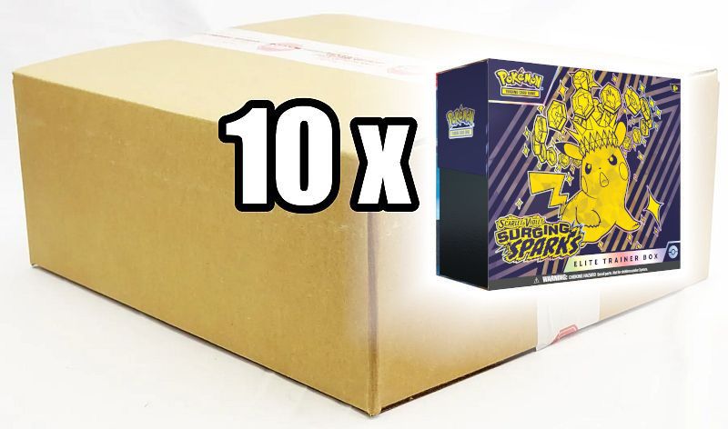 Pokemon Scarlet & Violet: Surging Sparks - Elite Trainer Box Case - 10 x Elite Trainer Boxes (Pikachu/Magneton) - Bokse med 9 Boosters, Promokort & Tilbehør